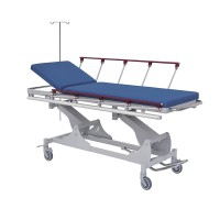 Emergency stretcher trolley: hydraulic height adjustment, painted steel, folding handrails and intravenous and directional support (colors available)